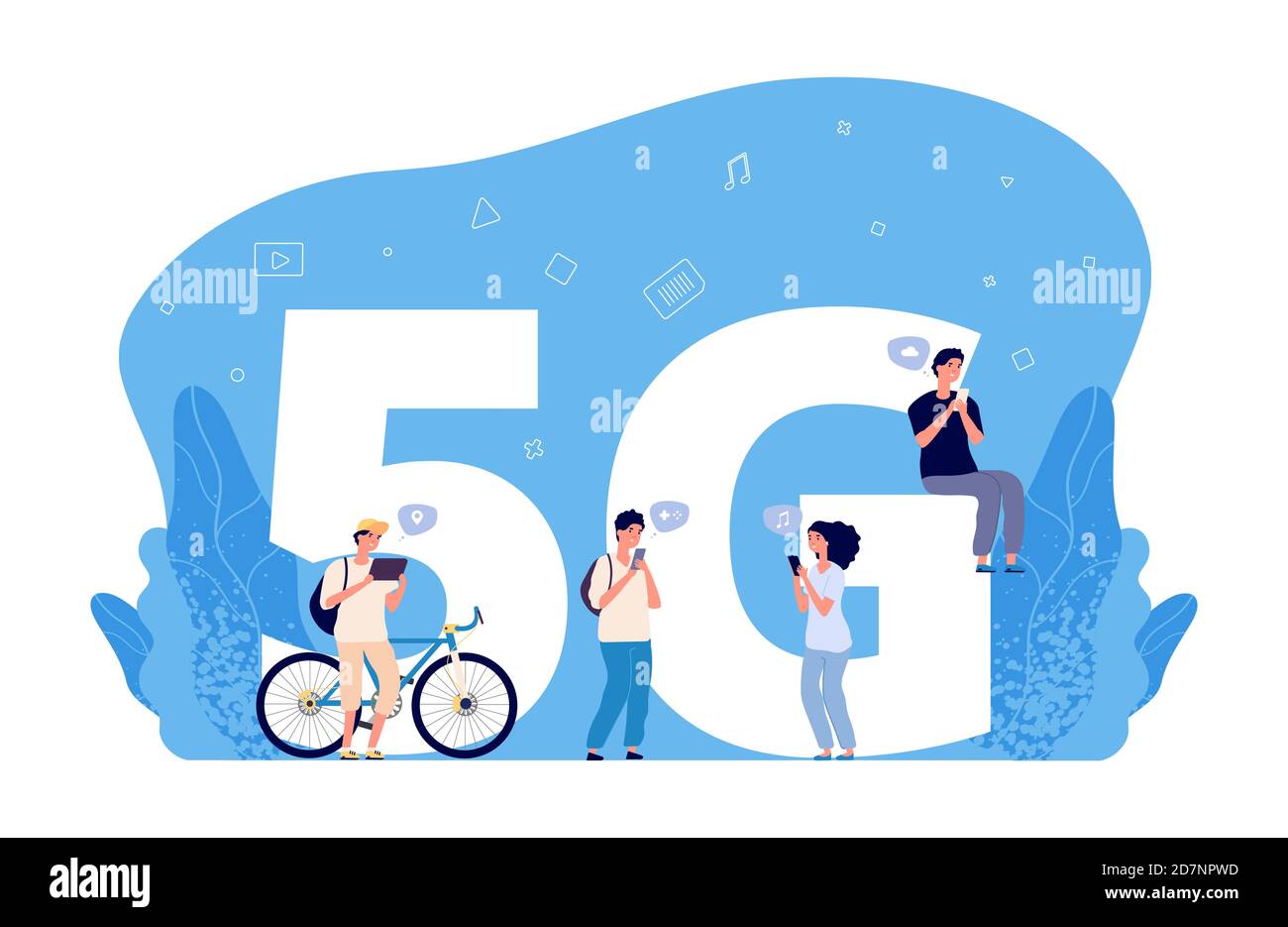 Concetto Internet 5G. Personaggi a persone piatte, conversazioni online, ricerca di amici su Internet. Tecnologia wireless di rete 5G per la comunicazione di telefoni cellulari. Illustrazione della rete Connection Internet 5g Illustrazione Vettoriale