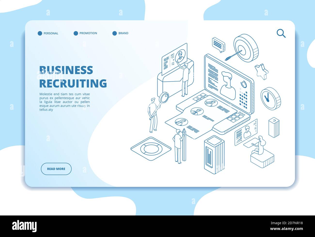 Landing page dell'agenzia di reclutamento. Candidato e datore di lavoro, risorse umane on-line reclutamento e l'assunzione 3d concetto di vettore isometrico. Reclutamento e assunzione online, illustrazione della gestione della tecnologia Illustrazione Vettoriale