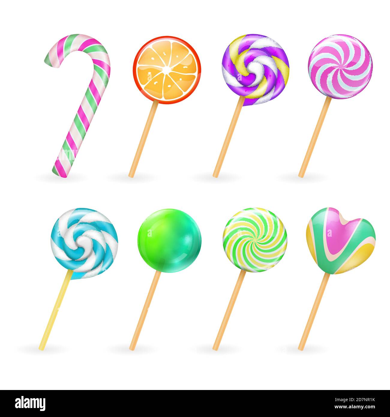 Lollipop realistico candies vettore isolato su sfondo bianco. Illustrazione dello zucchero di lollipop, caramella sul bastone Illustrazione Vettoriale