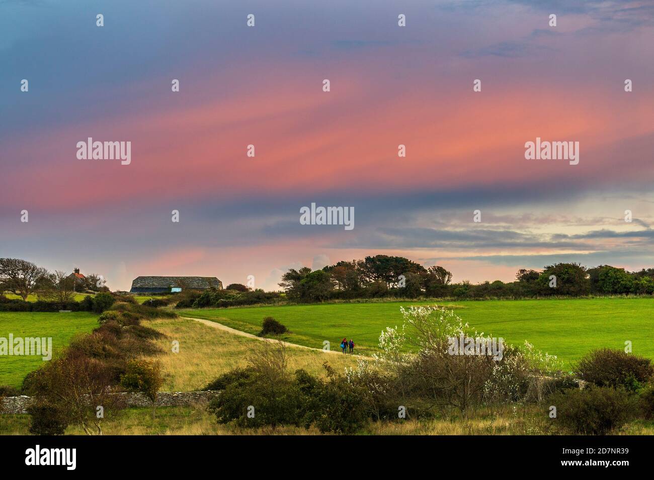 Una vista di Spyway Barn al tramonto vicino Langton Matrasers sull'Isola di Purbeck a Dorset, Inghilterra Foto Stock