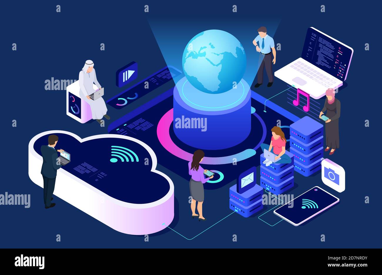 Social network e concetto di vettore di servizi cloud. Illustrazione isometrica che collega persone con wi-fi e dispositivi. Rete cloud Internet, connessione del computer del dispositivo Illustrazione Vettoriale