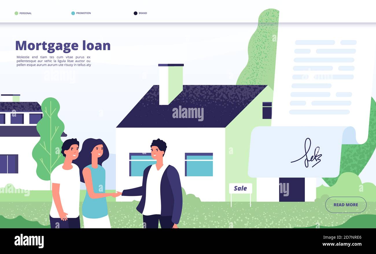 Mutuo ipotecario. La gente mutuatario compra la proprietà domestica con accreditamento della banca. Giovane coppia con broker, proprietario di una casa privata. Vettore landing page ipoteca proprietà, illustrazione della casa di credito Illustrazione Vettoriale