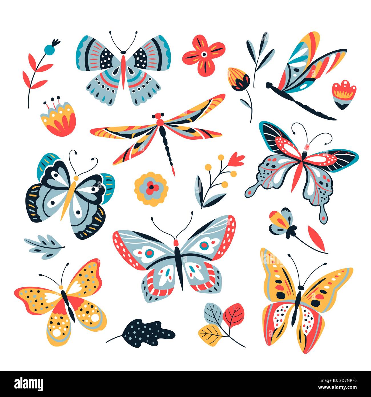Farfalla su fiori. Insetti libellule farfalle falena e fiore disegnati a mano, vettore schizzo isolato insieme. Illustrazione farfalla e libellula Illustrazione Vettoriale