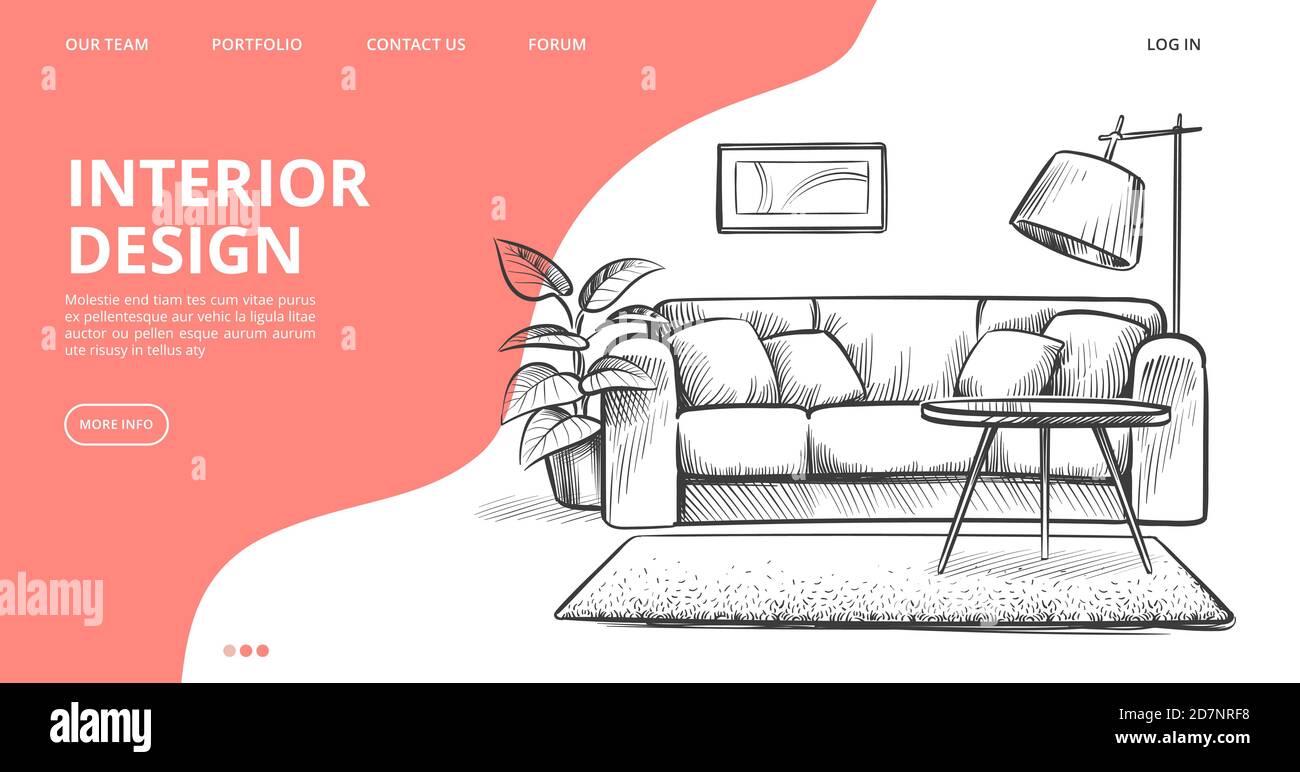 Landing page del design degli interni. Disegno vettoriale del soggiorno. Mobili disegnati a mano. Illustrazione della stanza interna dell'arredamento, disegno appartamento vivente Illustrazione Vettoriale