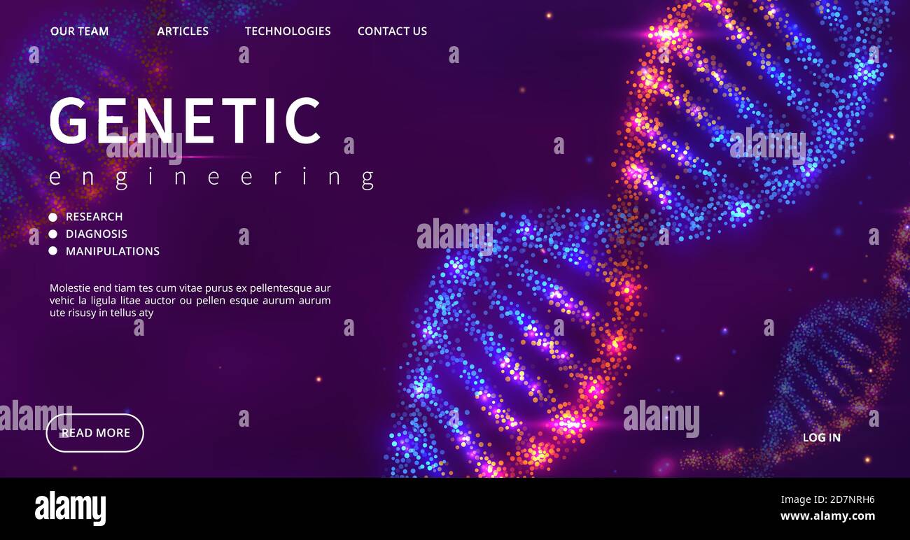 Landing page dell'ingegneria genetica. Struttura del DNA del vettore lucido. Modello di pagina web di scienza medica. Illustrazione della scienza della biologia del dna, della ricerca medica biotecnologica, della chimica delle molecole Illustrazione Vettoriale