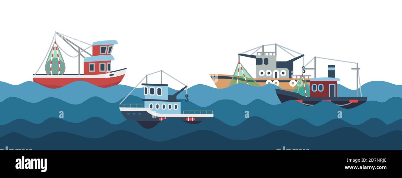 Vela e barche da pesca in onde oceaniche illustrazione vettoriale. Imbarcazioni da pesca e trasporti nautici, industria del pesce Illustrazione Vettoriale