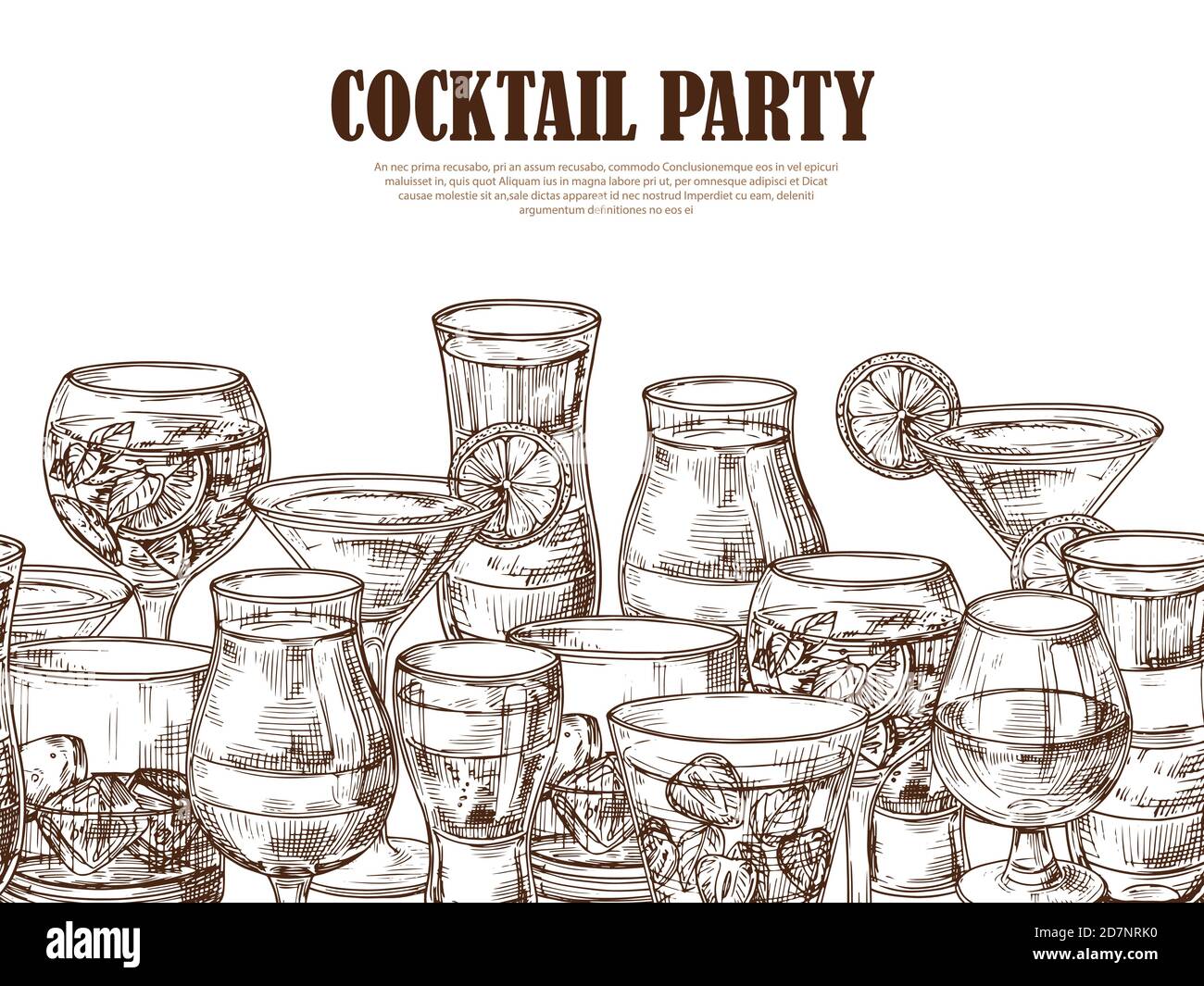 Vector bevande alcoliche disegnate a mano sfondo senza cuciture. Illustrazione di banner cocktail party, schizzo di bicchiere martini drink e bevande Illustrazione Vettoriale