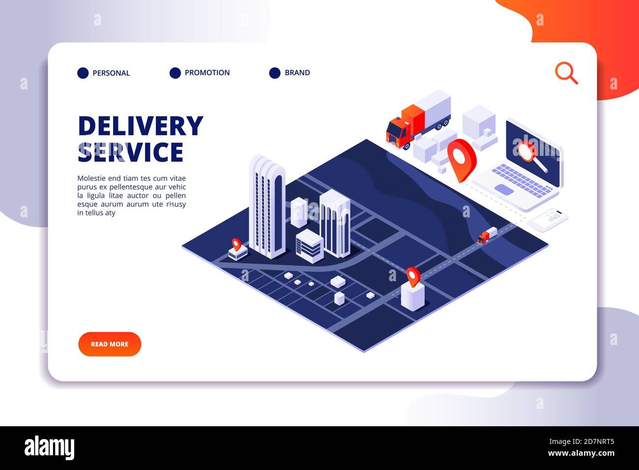 Concetto di erogazione isometrica. App per telefono cellulare per servizi logistici di trasporto e camion. Pagina di destinazione vettore. Immagine della pagina isometrica del servizio di consegna Illustrazione Vettoriale