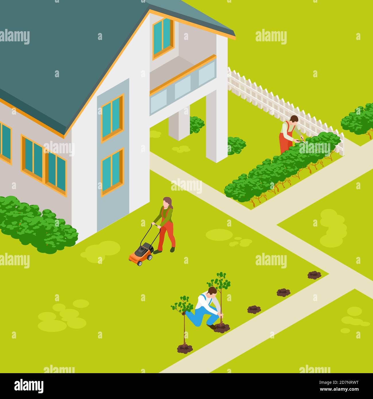 Concetto vettoriale di casa rurale isometrica e giardinieri. Casa rurale edificio, campagna esterno illustrazione Illustrazione Vettoriale