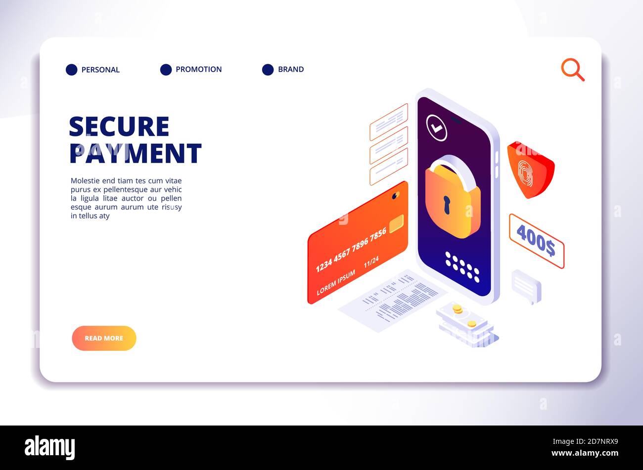 Concetto isometrico di pagamento sicuro. Sicurezza online mobile pagamenti in contanti, app per la protezione delle banche per smartphone. Pagina vettore di destinazione. Illustrazione isometrica del pagamento tramite smartphone e dell'app per contanti Illustrazione Vettoriale
