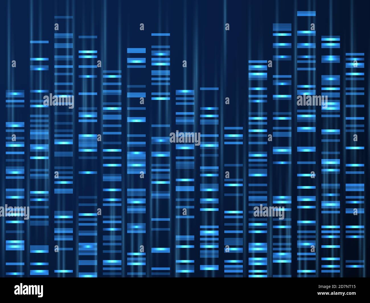 Visualizzazione dei dati genomici. Sequenza genoma di DNA, mappa genetica medica. Sfondo vettoriale codice a barre genealogico. Illustrazione del dna di visualizzazione, struttura genetica e genealogica Illustrazione Vettoriale