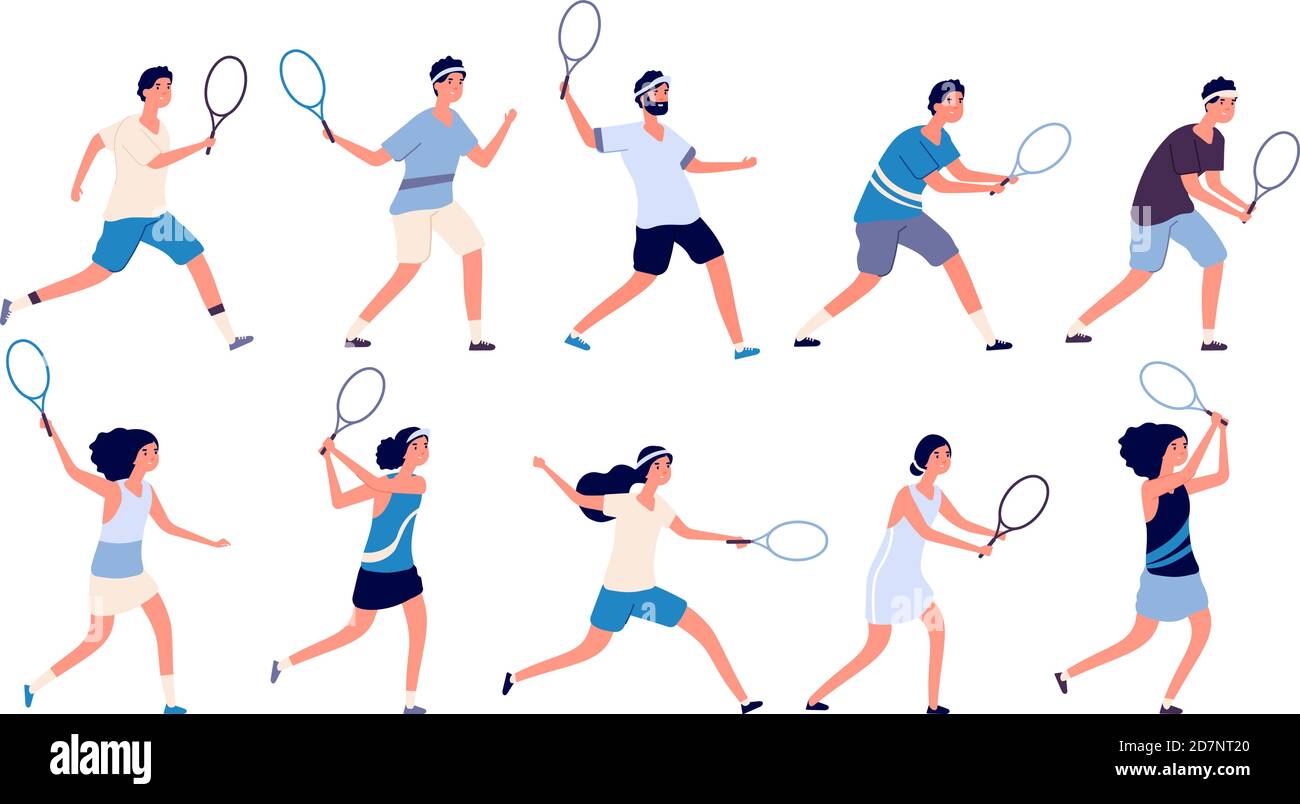 Giocatori di tennis. Uomo e donna che tengono la racchetta e colpiscono la palla giocando a tennis. Set di caratteri vettoriali cartoni animati isolati. Illustrazione del giocatore di tennis con racchetta, attività sportiva di gioco Illustrazione Vettoriale