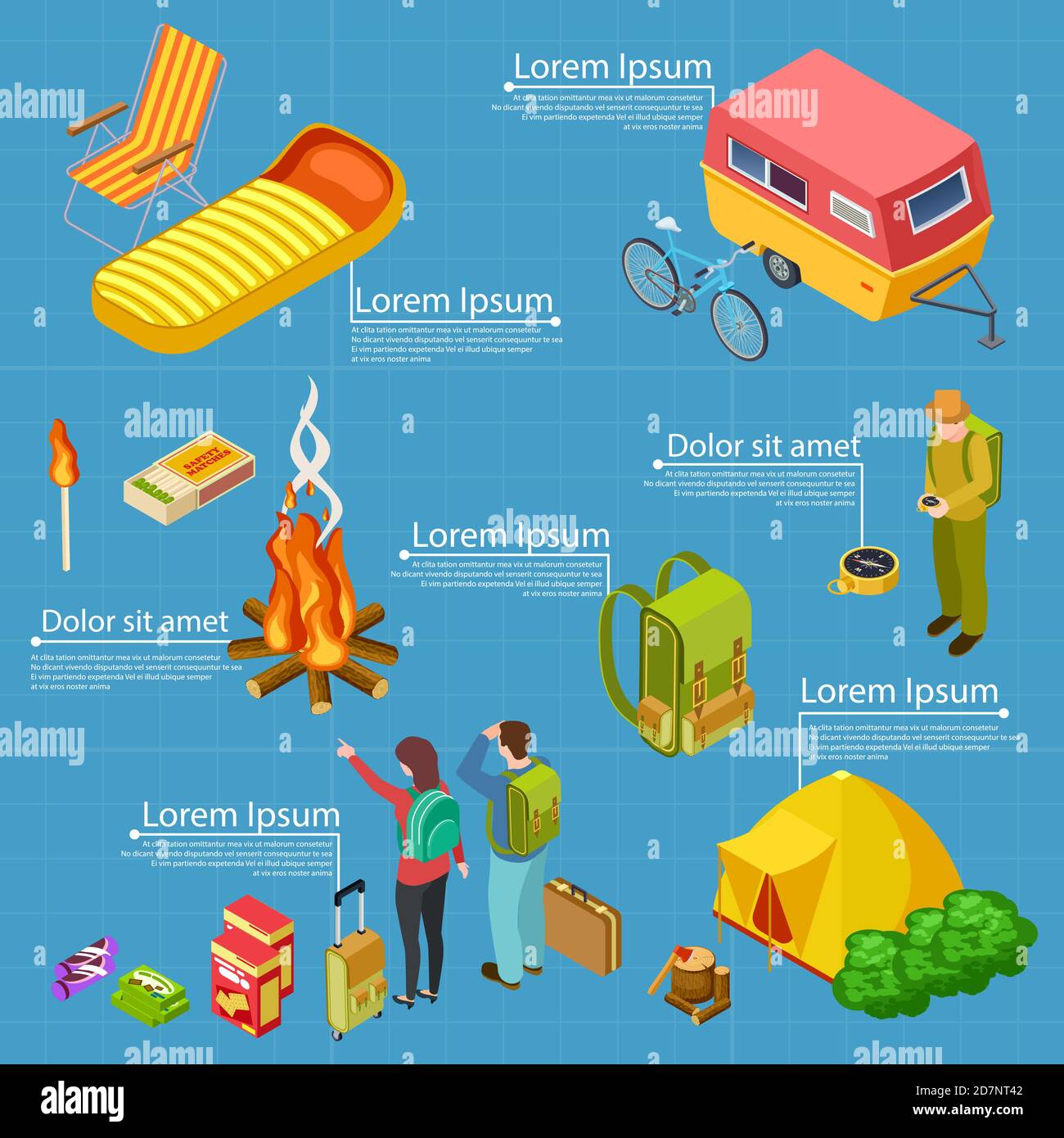 Turismo, campeggio vettore isometrico info modello banner. Illustrazione di turismo e trekking, escursioni e falò Illustrazione Vettoriale