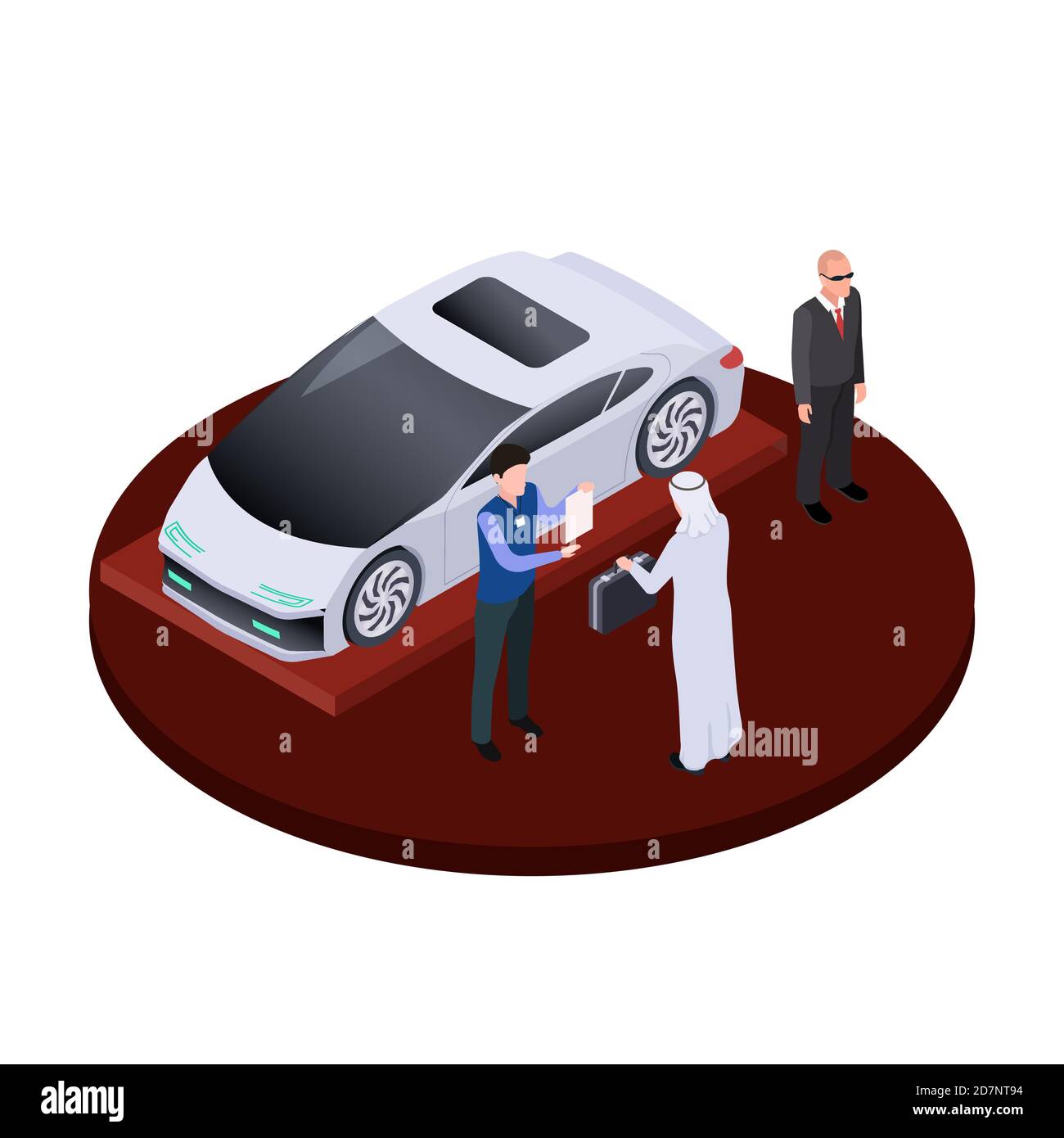 L'uomo arabo isometrico acquista un moderno concetto di vettore di automobile elettrica. Illustrazione del salone automatico di lusso. Arabo uomo compra auto, vendita trasporto isometrico Illustrazione Vettoriale
