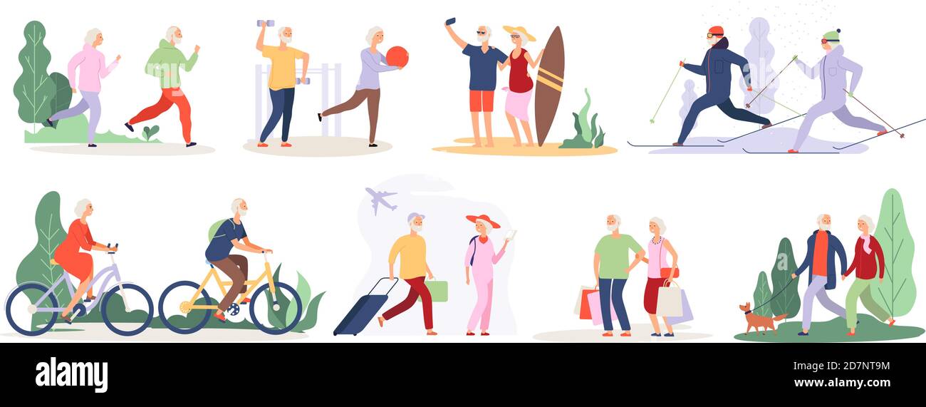 Personaggi anziani. Nonno nonno nonna coppia sport tourist tandem carino vecchio granny anziani persone outdoor vettore isolato insieme. Illustrazione del nonno e della nonna fanno l'attività sportiva Illustrazione Vettoriale