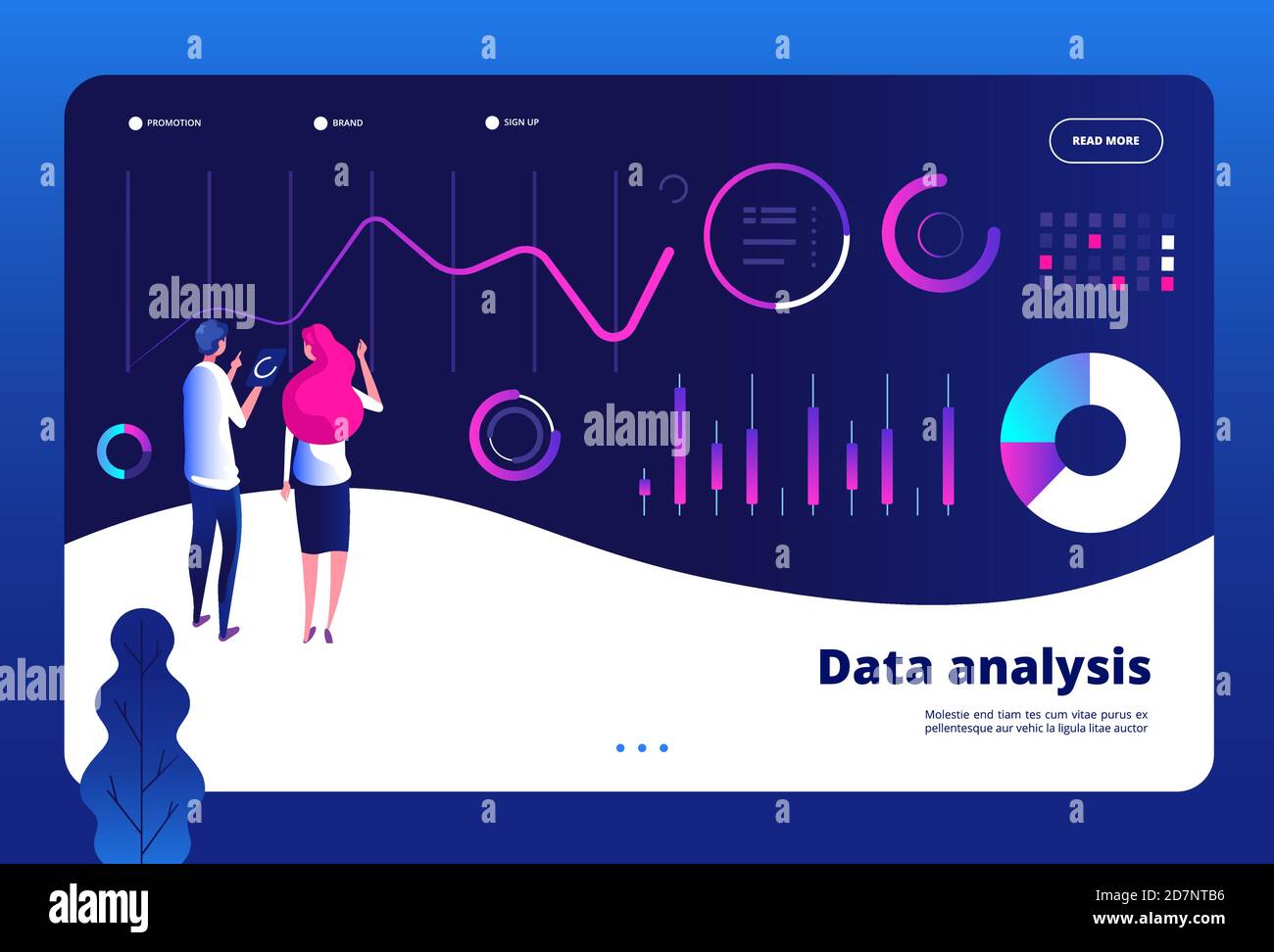 Landing analisi dati. Big data centro digitale statistiche interattive motore di marketing professionale analista vettore finanziario. Illustrazione dell'analisi del grafico e del rapporto finanziario Illustrazione Vettoriale