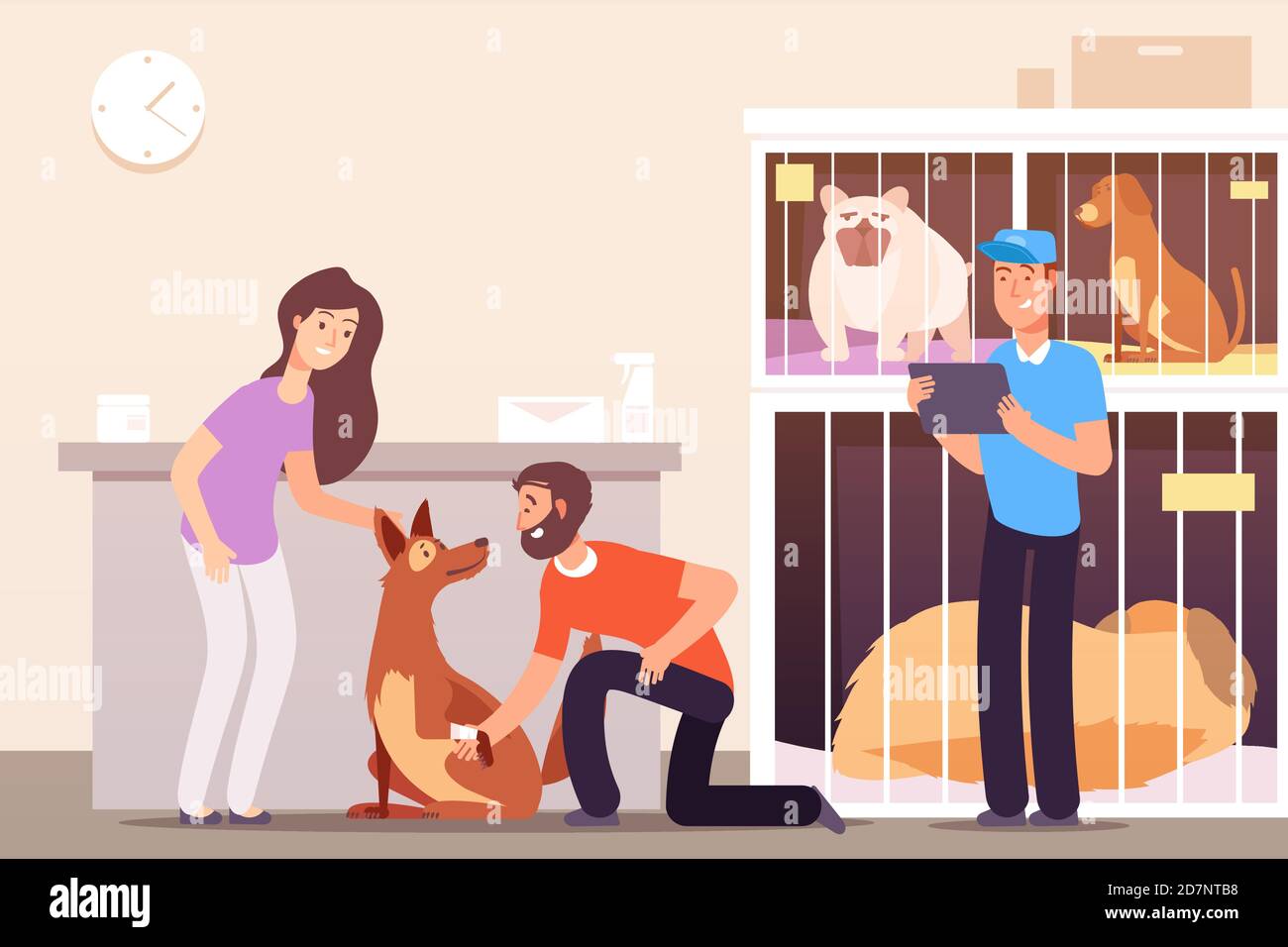 Animali senza casa. Persone in rifugio con gatti e cani in gabbie. Concetto vettoriale di animali domestici senza casa, aiuto del cane e illustrazione di cura Illustrazione Vettoriale