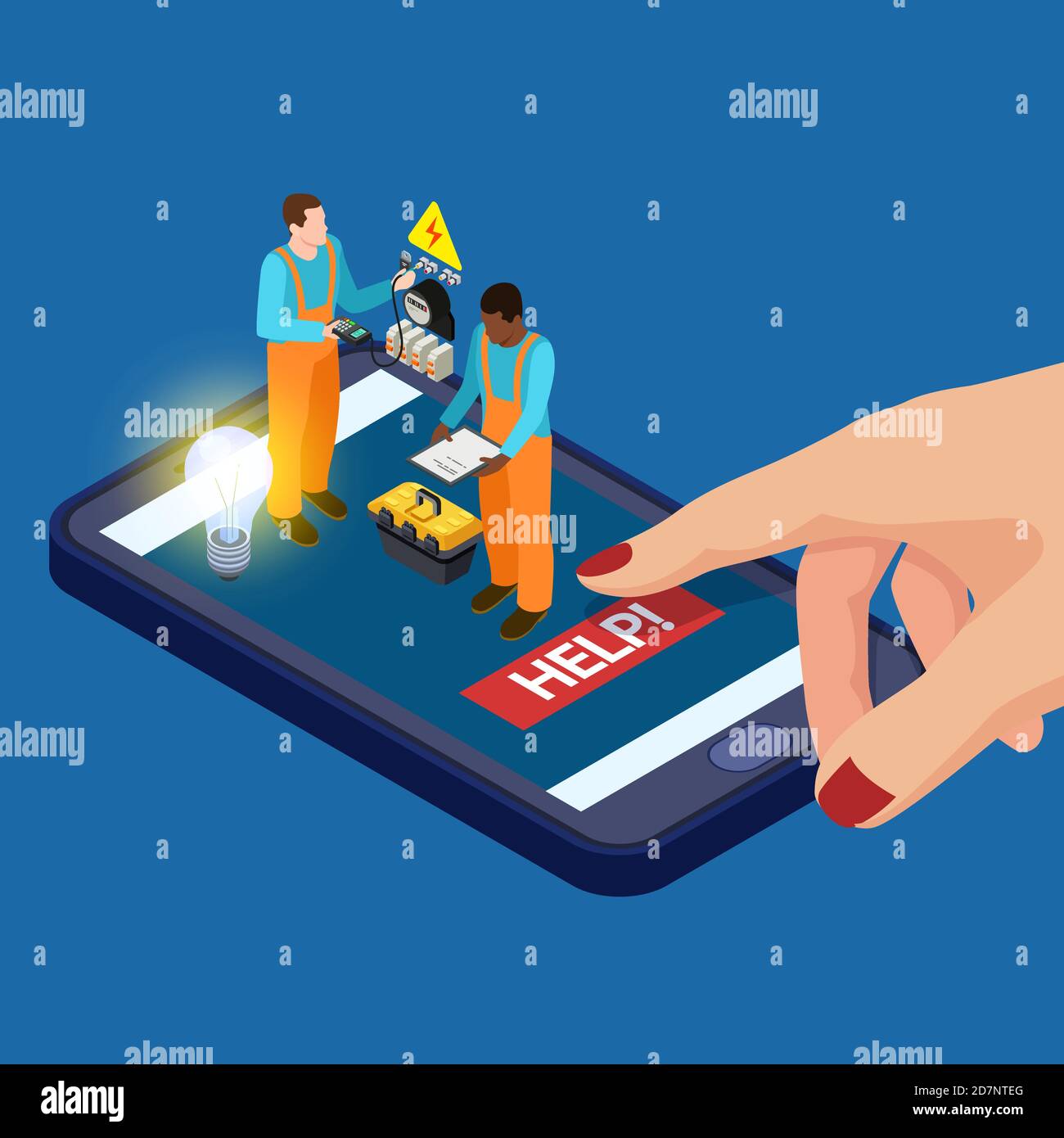 Mobile app electricista servizi vettore isometrico concetto. Illustrazione dell'apparecchiatura e dell'impianto elettrico di riparazione Illustrazione Vettoriale