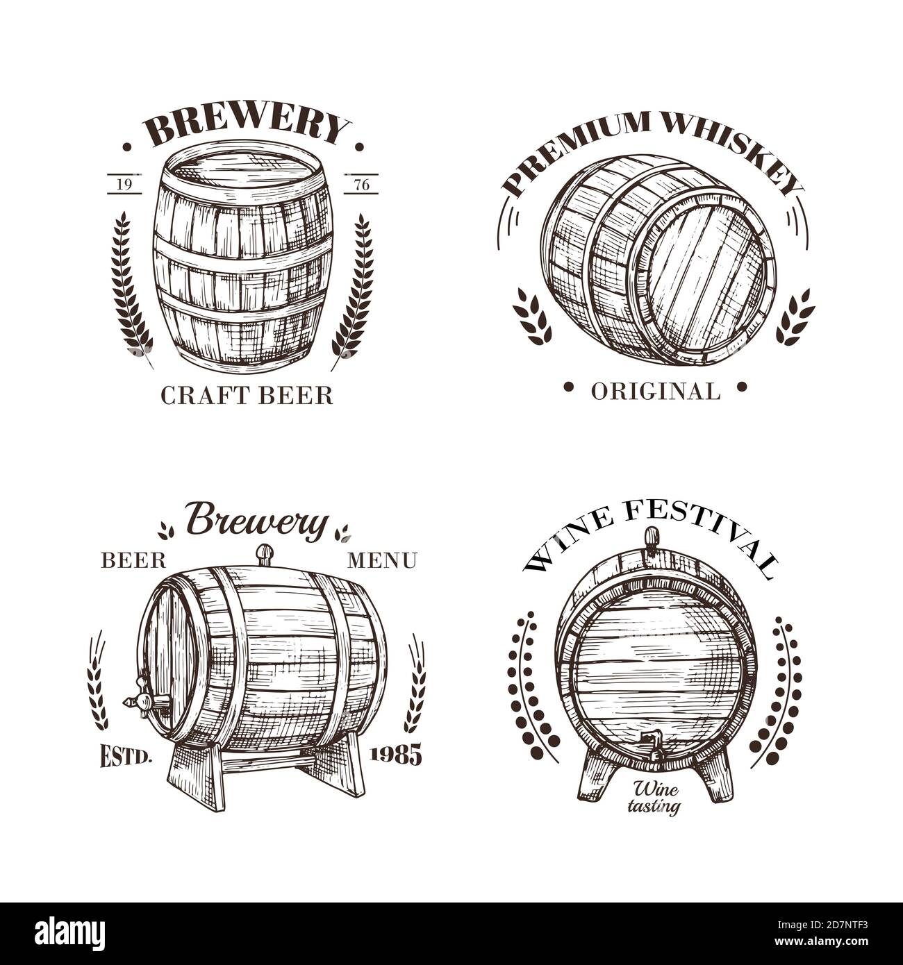 Emblema della birreria. Barile di birra e vino, whisky e brandy abbozzano etichette vettoriali d'annata con botte di legno e disegno tipografico. Birra in botte, vino e whisky nell'illustrazione del barile Illustrazione Vettoriale