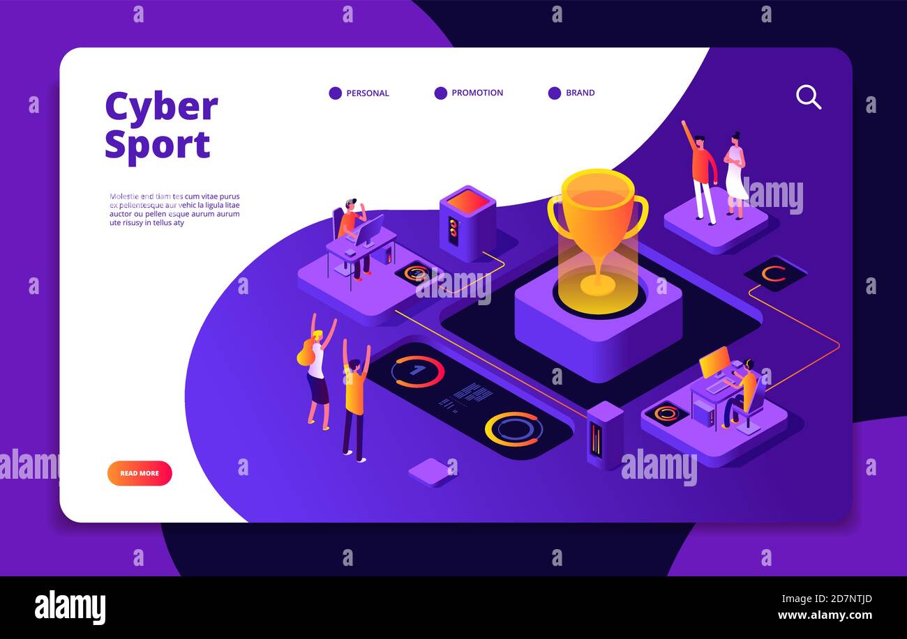 Cyber sport. ESports streaming online video game gamer torneo computer console 3d giochi mercato competitivo vettore landing page. Illustrazione del cybersport, video sport del videogamer Illustrazione Vettoriale