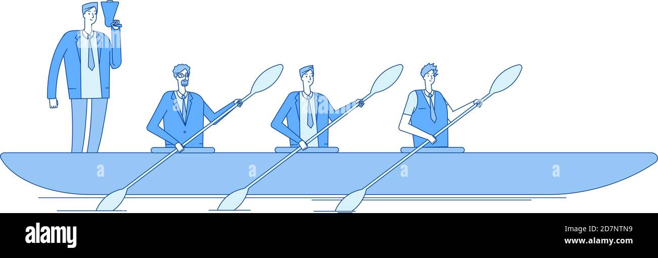 Uomo d'affari in barca. Captain di affari leader persone team vogatori che rotano in Waves missione visione teamwork linea business vettore concetto. Illustrazione della leadership dell'uomo d'affari, del team di rowing del manager Illustrazione Vettoriale