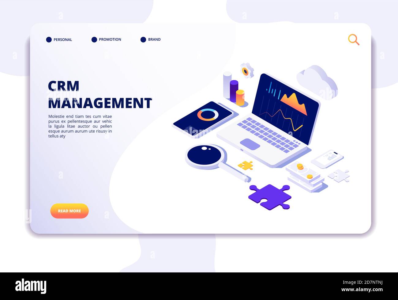 Concetto CRM. Gestione delle relazioni con i clienti. Soluzione di database web system. Pagina di destinazione isometrica. Illustrazione della gestione crm, del mercato strategico, della promozione dell'analisi Illustrazione Vettoriale