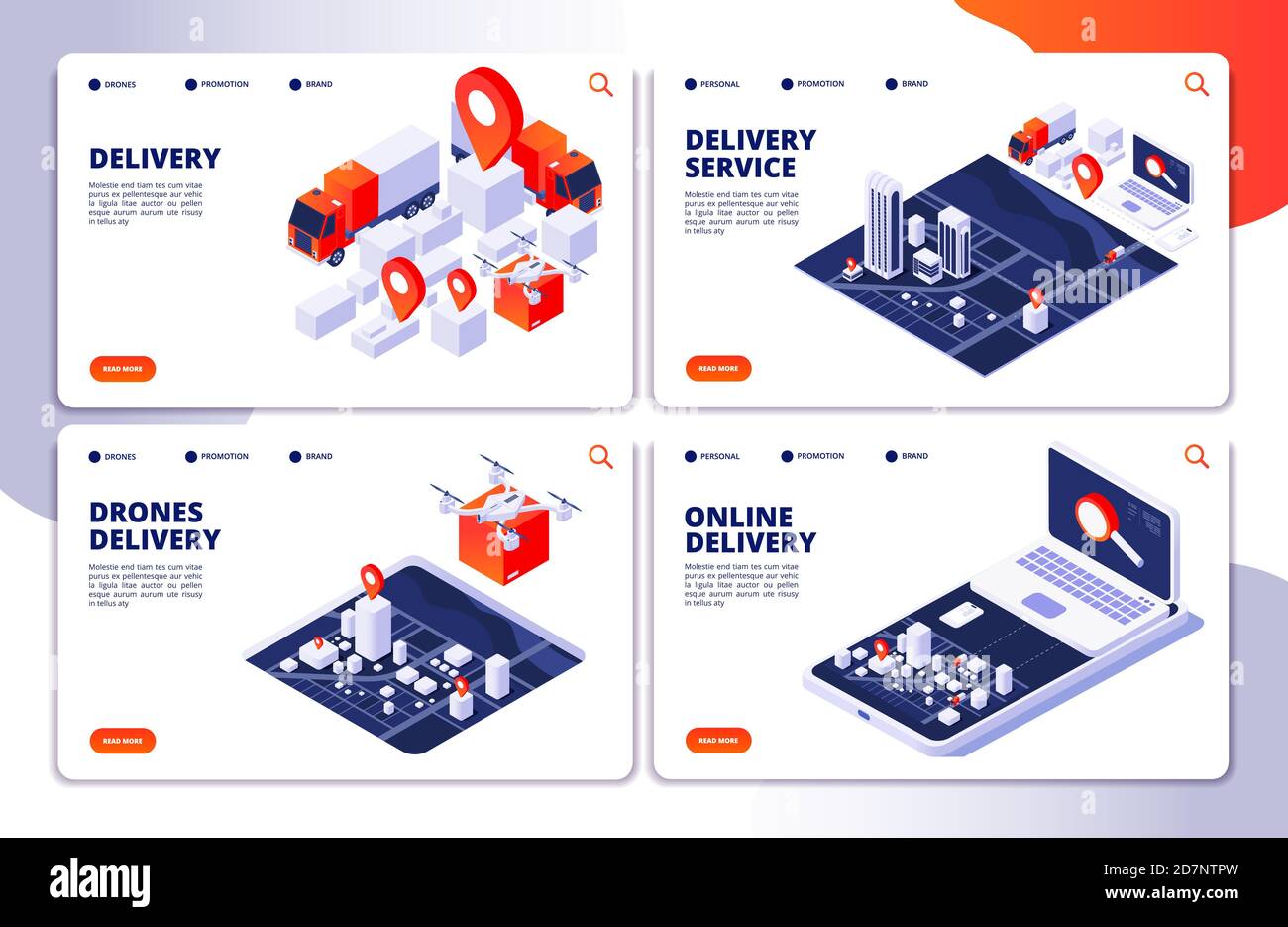 Servizi di consegna landing page vettoriali della raccolta. Pagina dei servizi di consegna online, illustrazione degli ordini al dettaglio Illustrazione Vettoriale