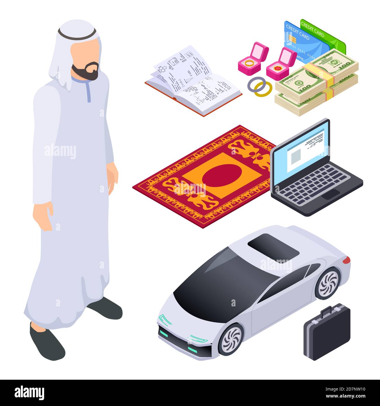 Mussulmani isometriche, uomini arabi e accessori tradizionali e moderni illustrazione vettoriale. Musulmano isometrica, uomo d'affari saudita, denaro e auto Illustrazione Vettoriale