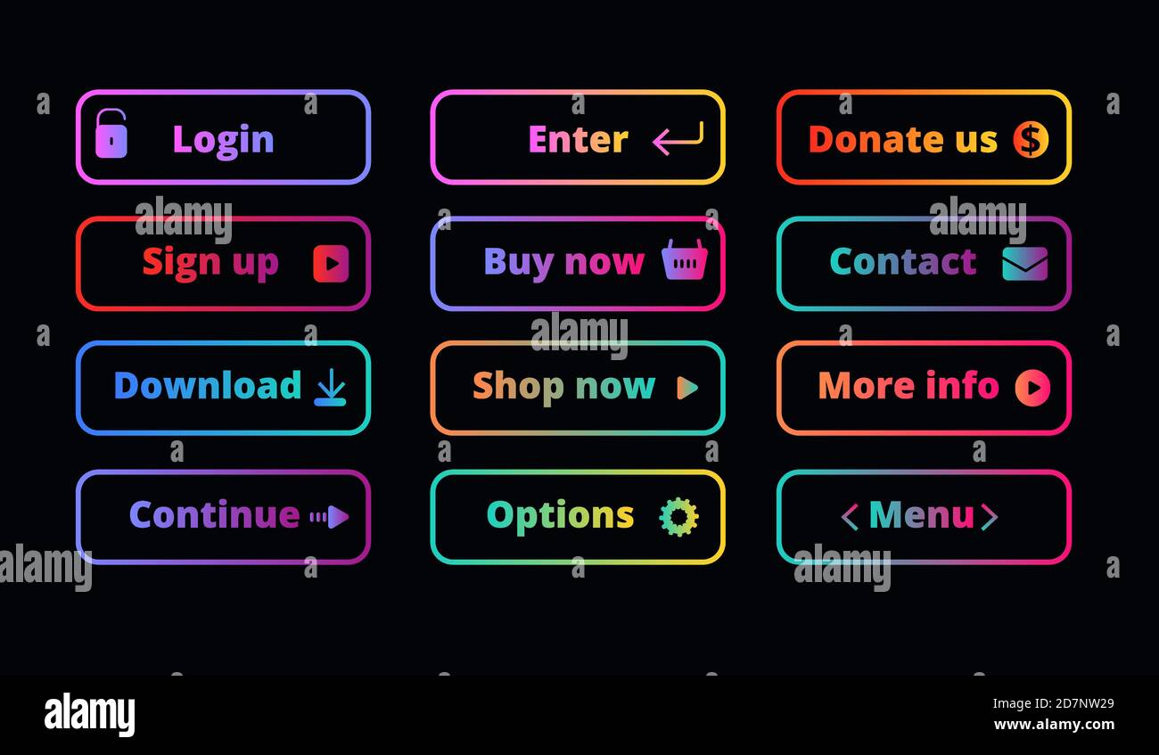 Pulsanti di azione gradiente. Pulsante al neon glow frame al buio per app di shopping e banner con continua, opzioni di acquisto icone set vettoriale. Illustrazione del banner al neon glow, ulteriori informazioni, Acquista ora Illustrazione Vettoriale
