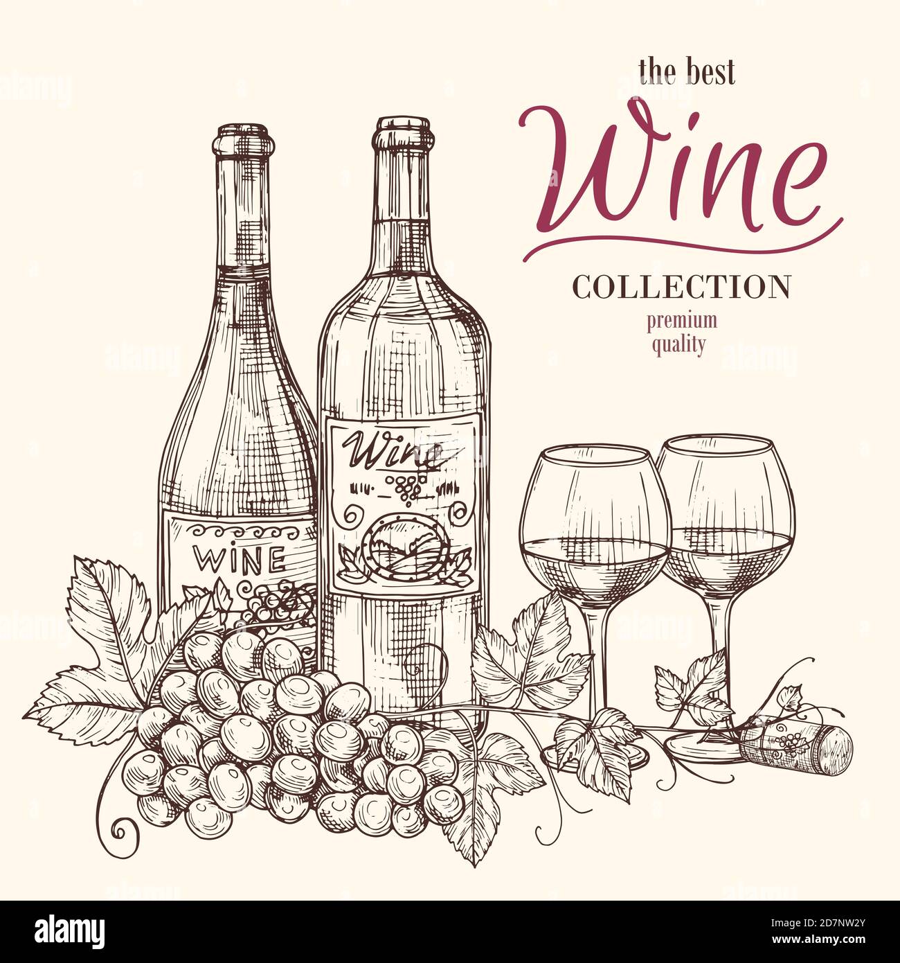 Miglior modello per striscioni vettoriali con bottiglie di vino, bicchieri e uva disegnate a mano. Illustrazione del bicchiere e della bottiglia di vino, dell'alcol d'uva Illustrazione Vettoriale