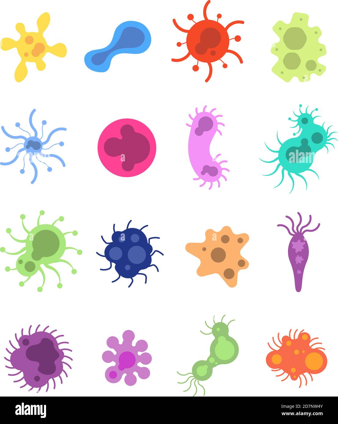 Set di germi. Virus influenzale tossina cellule microbi ameba epidemiologia batteri malattia germe influenza cellula microbiologia isolato vettore set. Ameba e influenza, cellule e malattie, malattia batterio illustrazione Illustrazione Vettoriale