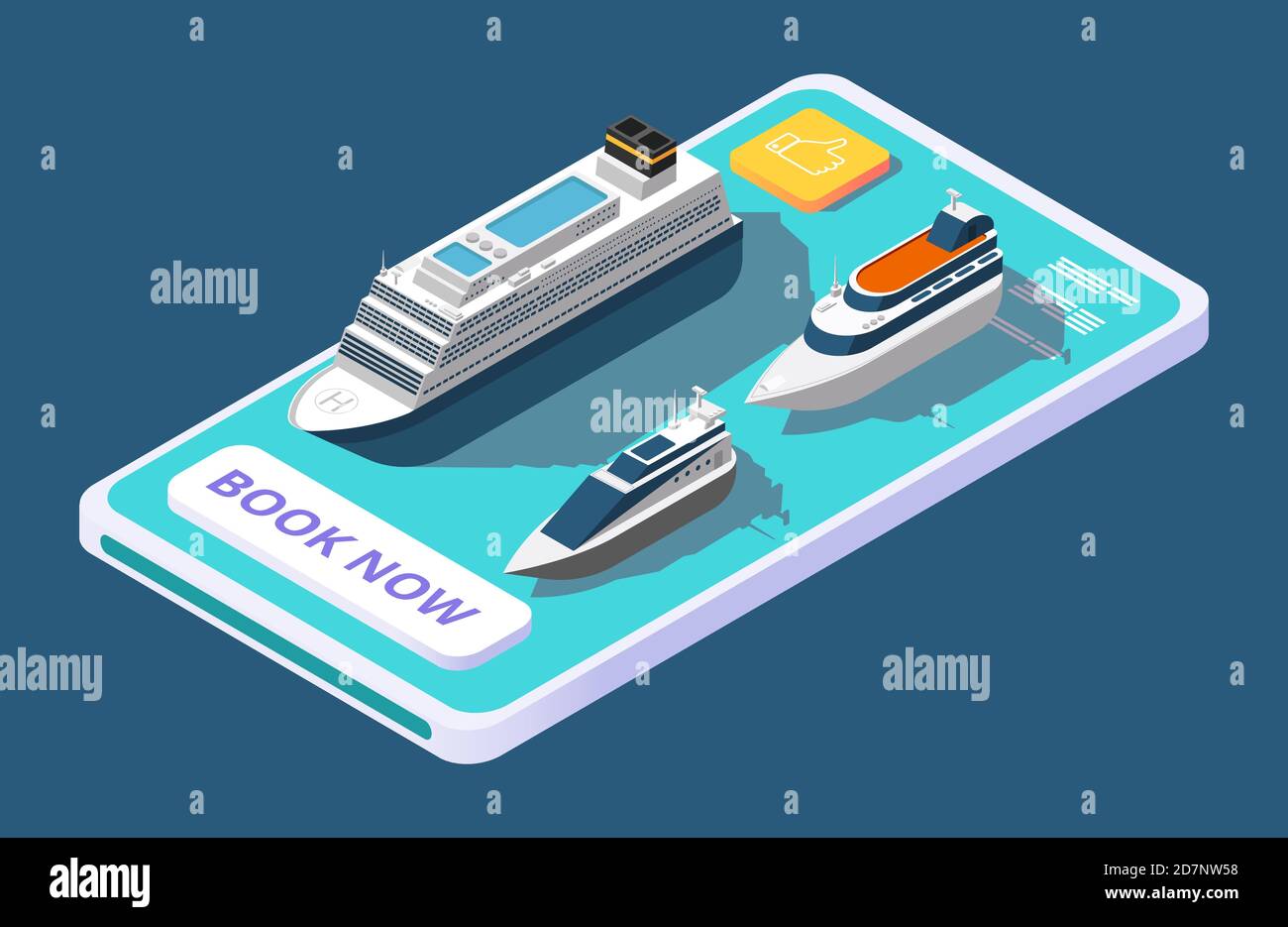 App mobile per la prenotazione di crociere con nave o yacht, concetto vettoriale isometrico. Illustrazione di viaggi mare e barca, trasporto yacht 3d isometrico online Illustrazione Vettoriale