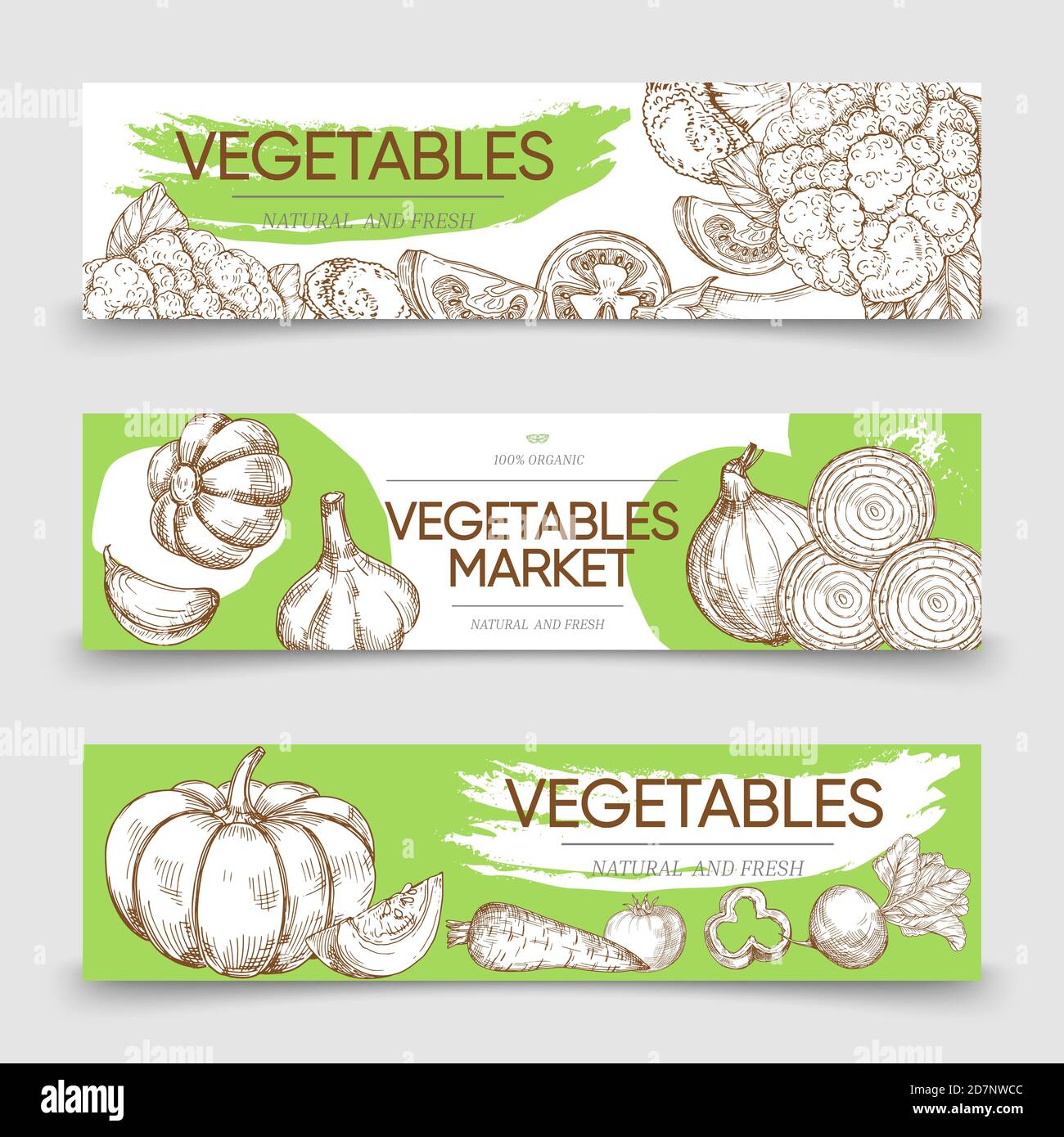 Mercati ortaggi modello banner orizzontale con schizzi vettoriali ortaggi. Banner Web con mercato vegetale, cipolla e illustrazione dei cavoli Illustrazione Vettoriale
