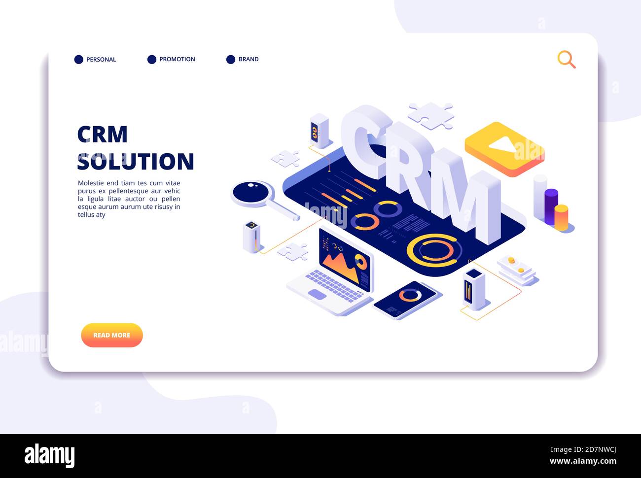 Concetto CRM. Gestione delle relazioni con i clienti. Soluzione per sistemi aziendali. Pagina di destinazione del supporto client. CRM business marketing, gestione e illustrazione della strategia Illustrazione Vettoriale