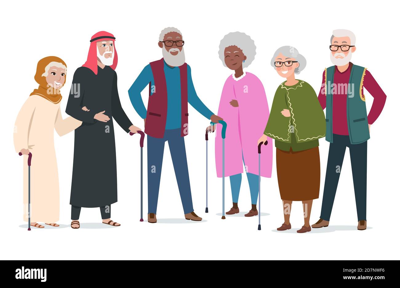 Gente anziano felice internazionale. Anziani afroamerici, musulmani e caucesi illustrazione vettoriale. Persone arabe islamiche, nonna musulmana, insieme persone multiculturali Illustrazione Vettoriale