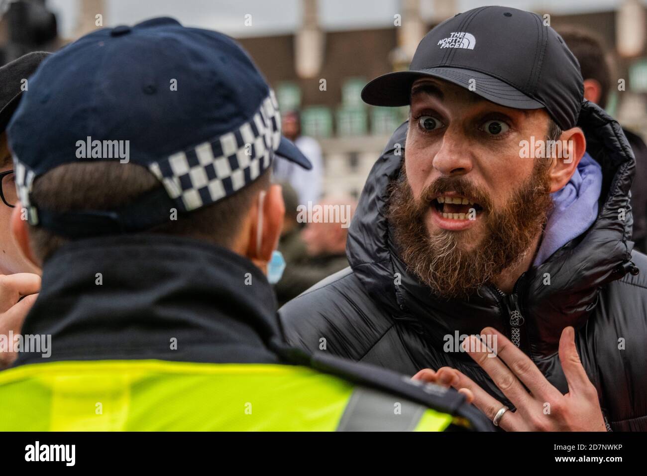 Londra, Regno Unito. 24 Ott 2020. I tentatori si alzano e si fanno arresti. Dopo che la marcia è finita un piccolo gruppo di rimasca sul ponte di Westminster e sono spinti indietro dalla polizia - Covid hoax, alzarsi in piedi per protesta, contro le vaccinazioni, 5G e altre questioni - i partecipanti ritengono che il virus sia un modo di controllare le masse e di sotprendere le loro libertà. Organizzato da StandUpX 'UNA comunità di persone che protestano e si levano in piedi per i nostri diritti in tutto il Regno Unito dal maggio 2020' Credit: Guy Bell/Alamy Live News Foto Stock