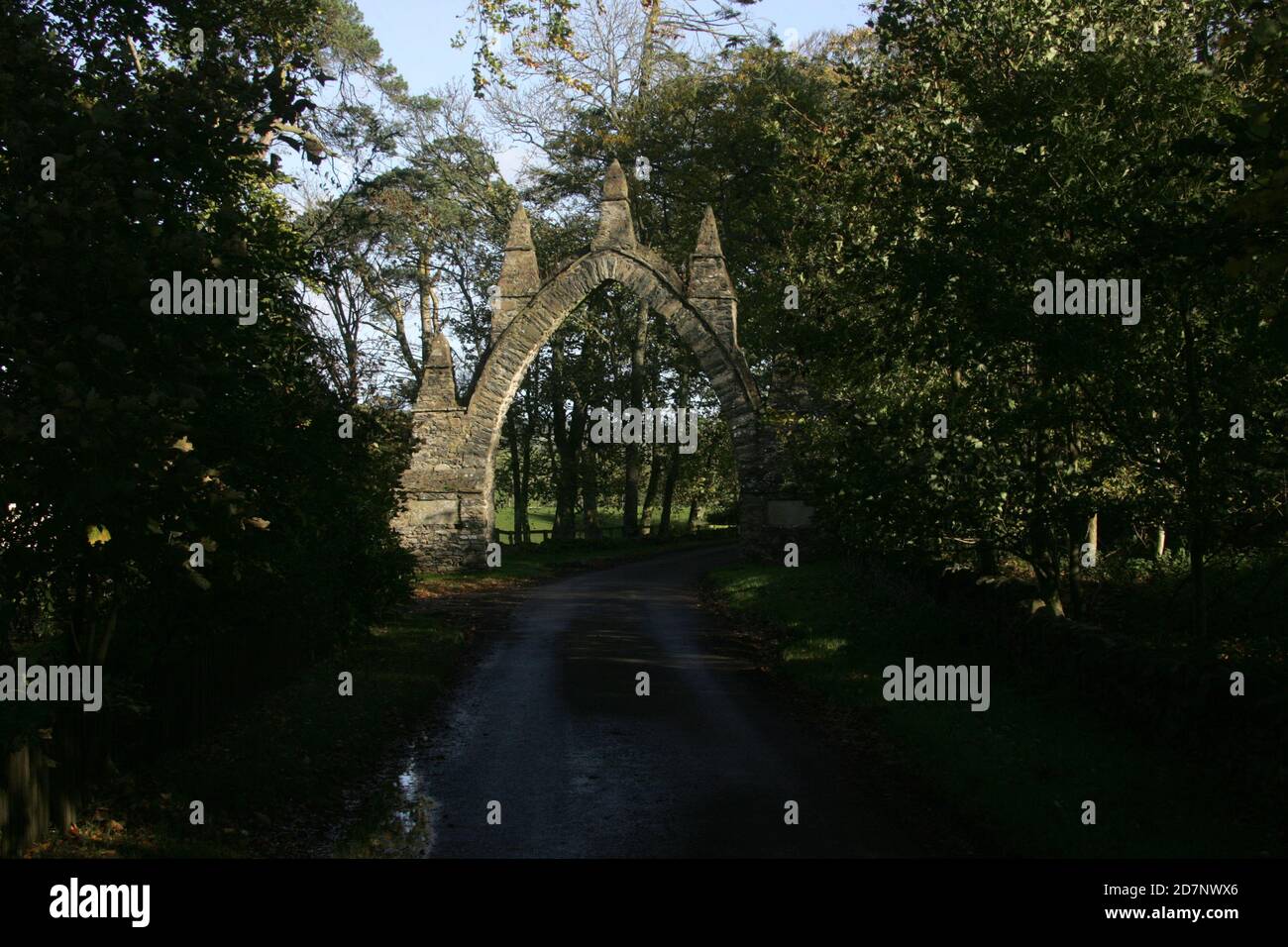 Borders , Scozia, Regno Unito Spottismoode Arches. “La casa di Spotiswood era grande, in stile ‘Jacobethan’ e costruita nel 1832-4 dall’architetto William Burn. Le arcate Gothick a Pyatshaw e Bruntaburn facevano parte delle sue politiche e del suo paesaggio. Arch Gothick macerie che attraversa la strada per SW di ex Spottismoode House (demolita). Incoronato con 2 piani di pinnacoli; placche (intagliate, intemperie e illeggibili) ai pontili affiancati. Foto Stock
