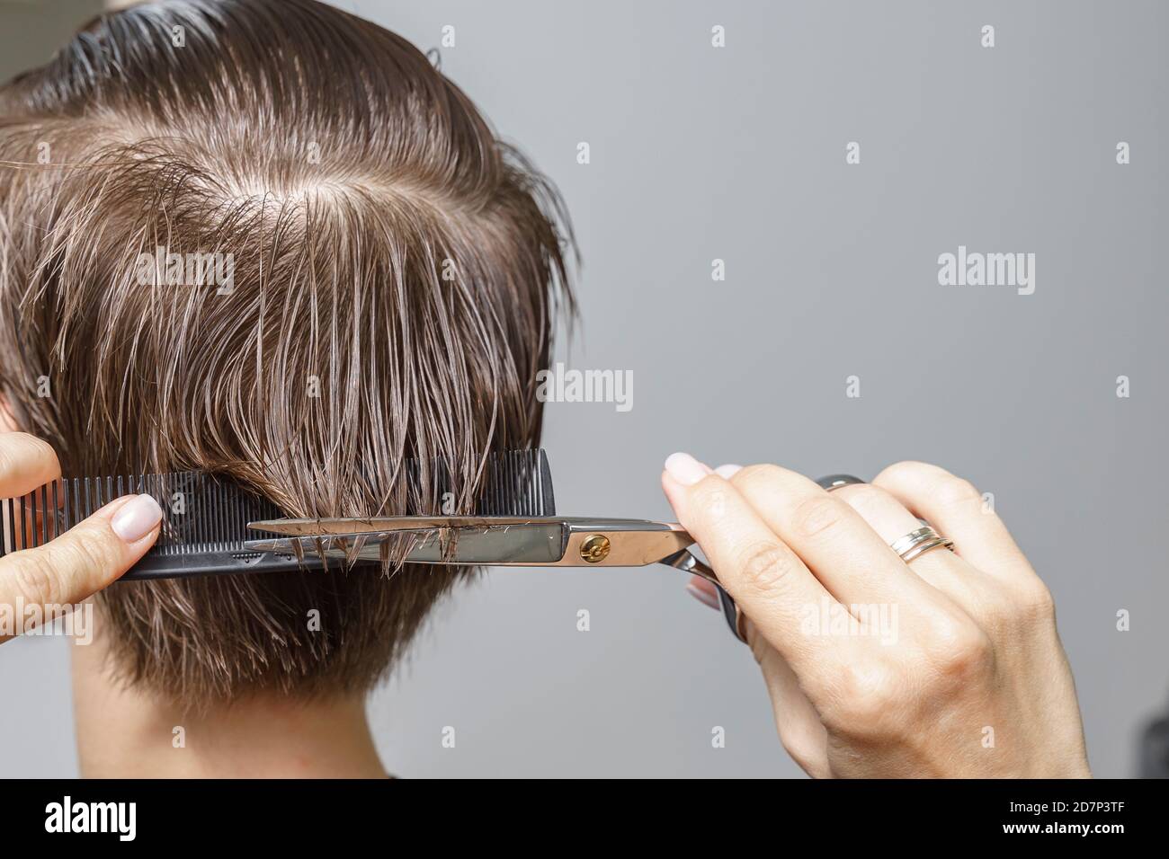 il processo di taglio dei capelli primo piano. donna con capelli corti  marrone Foto stock - Alamy