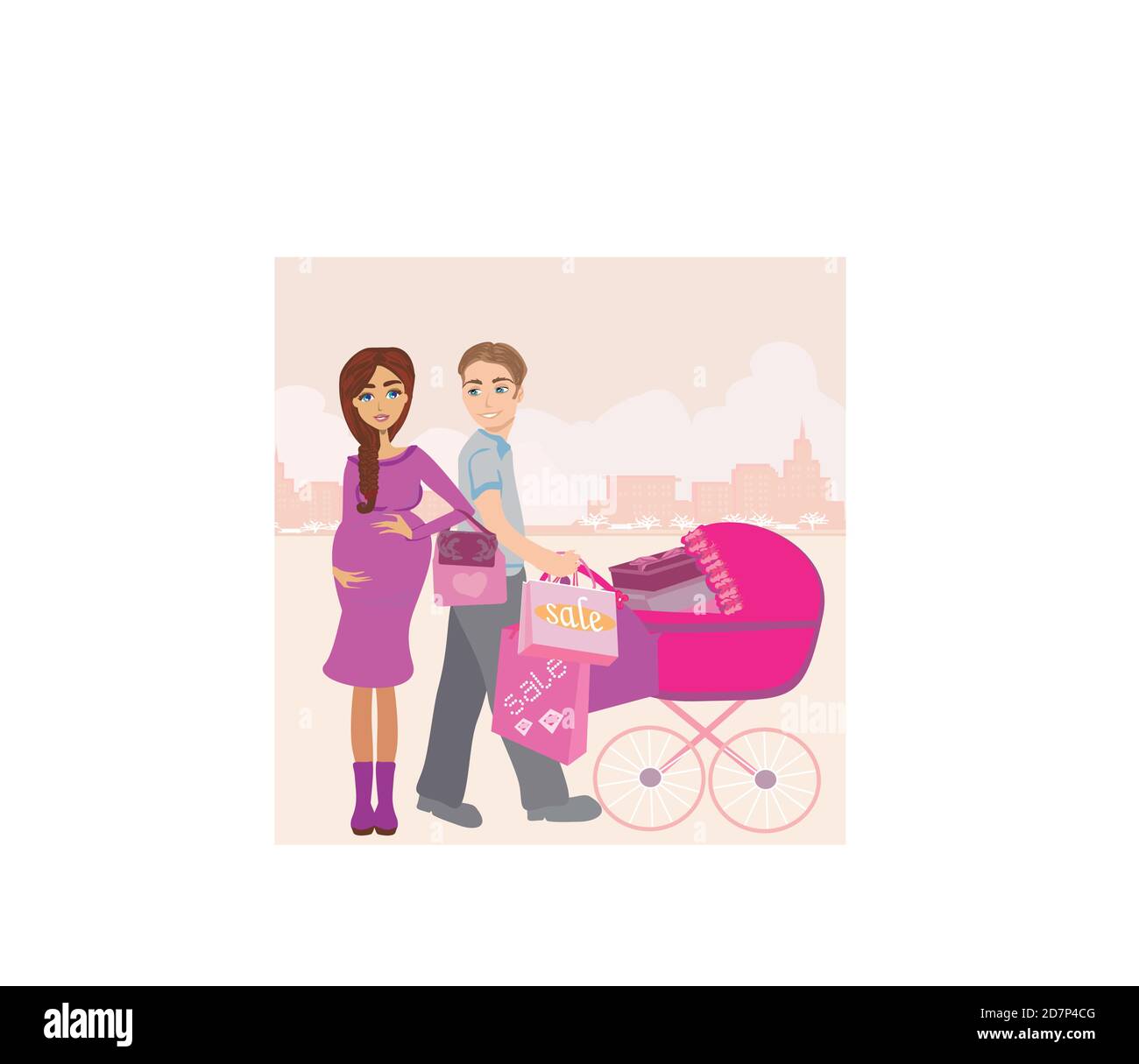 Bella donna incinta e suo marito per lo shopping Illustrazione Vettoriale