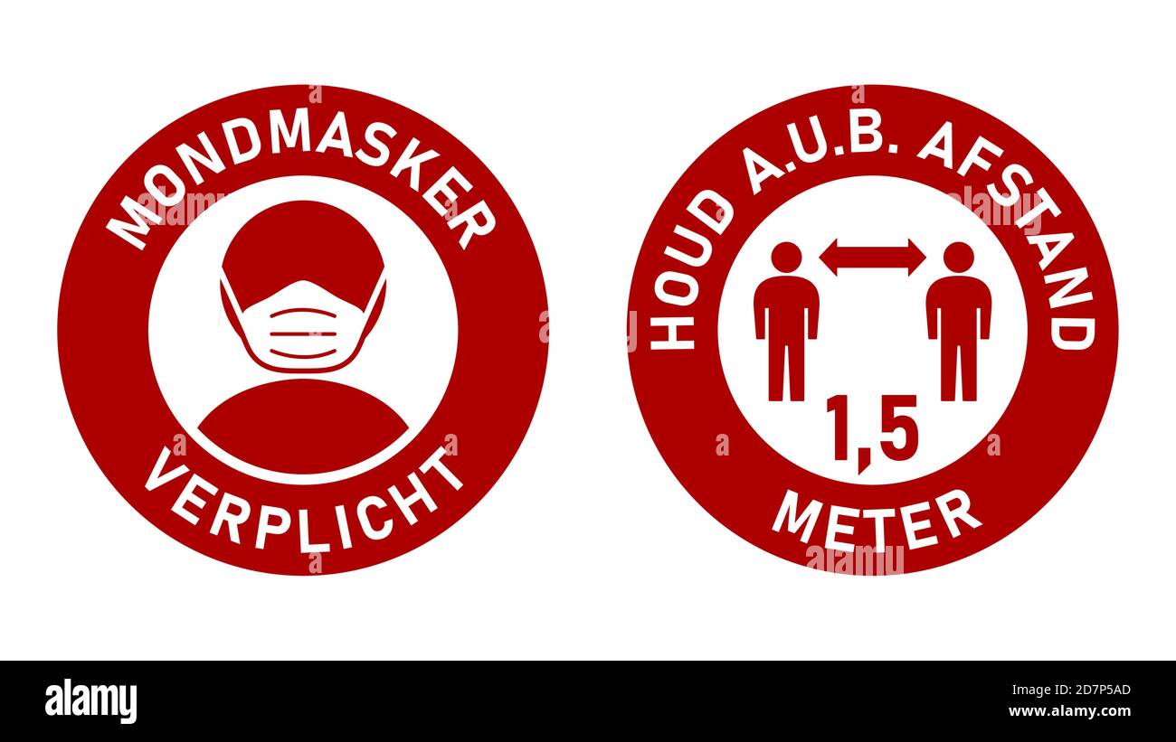 Icone in olandese Mondmasker verplicht (maschere facciali richieste) e Houd a.u.b. afstand (si prega di mantenere la distanza) 1,5 metri. Immagine vettoriale. Illustrazione Vettoriale