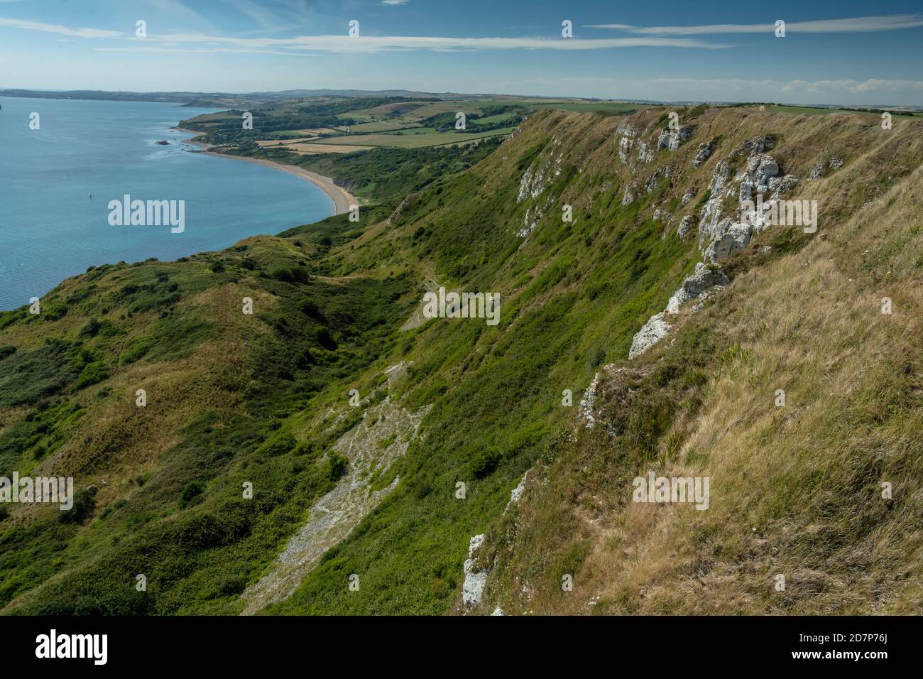 Bianche scogliere di gesso, con scoscese scogliere sottostanti sulla costa occidentale del Dorset, che si affaccia a ovest verso Ringstead Bay. Foto Stock