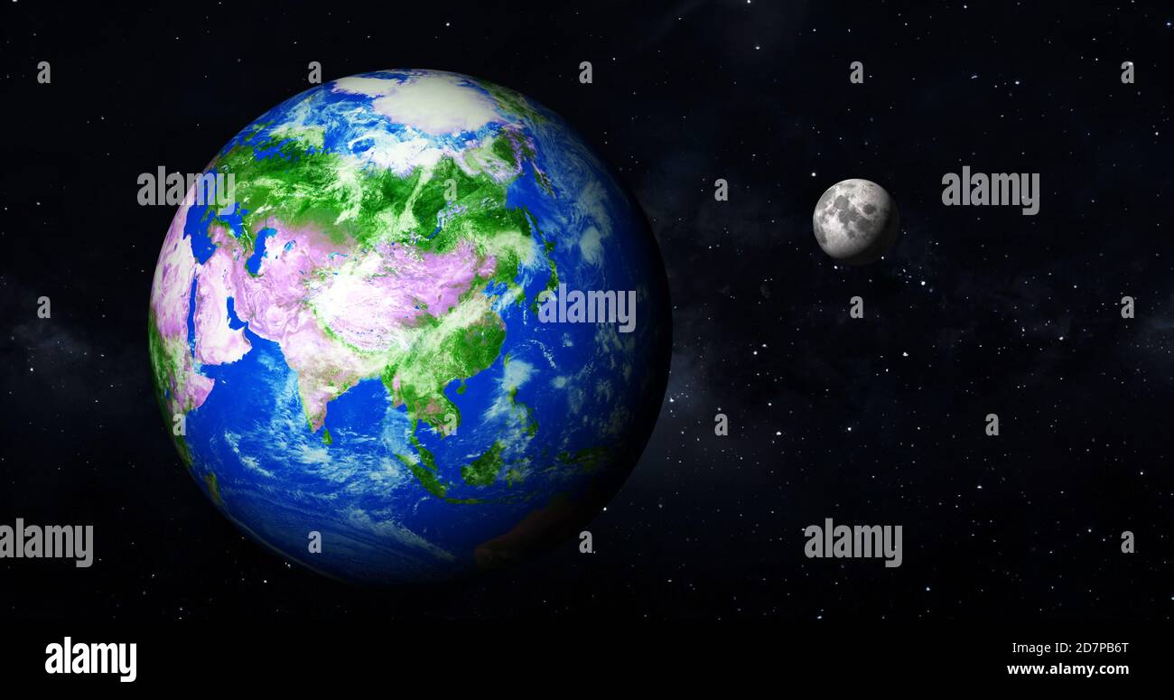 3d rendering foto realistica luna e terra con galassia colorata o nebulosa. vista frontale della luna e della terra dallo spazio con i paesaggi vista completa terra 4k Foto Stock