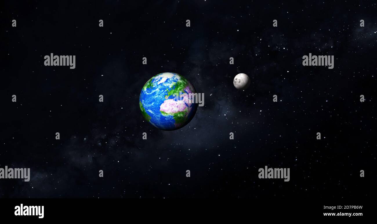 3d rendering foto realistica luna e terra con galassia colorata o nebulosa. vista frontale della luna e della terra dallo spazio con i paesaggi vista completa terra 4k Foto Stock