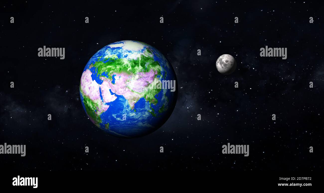3d rendering foto realistica luna e terra con galassia colorata o nebulosa. vista frontale della luna e della terra dallo spazio con i paesaggi vista completa terra 4k Foto Stock