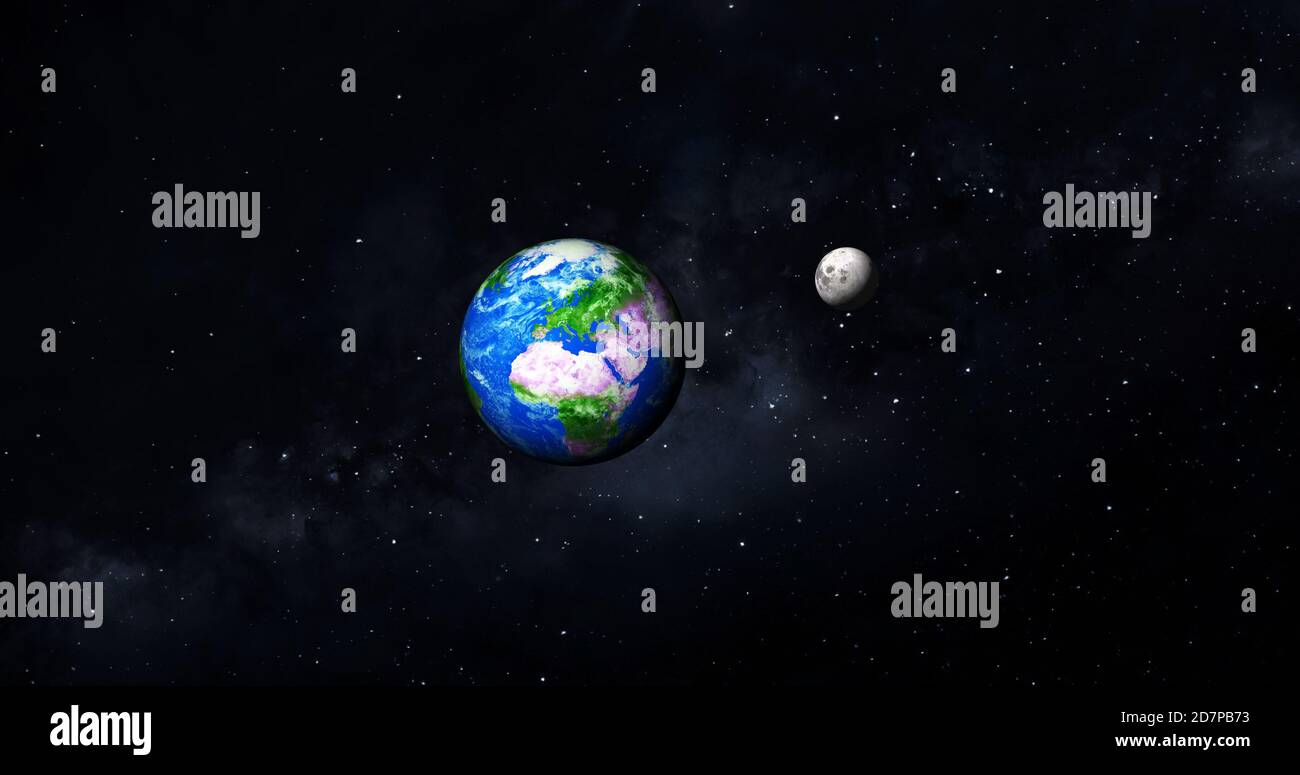 3d rendering foto realistica luna e terra con galassia colorata o nebulosa. vista frontale della luna e della terra dallo spazio con i paesaggi vista completa terra 4k Foto Stock
