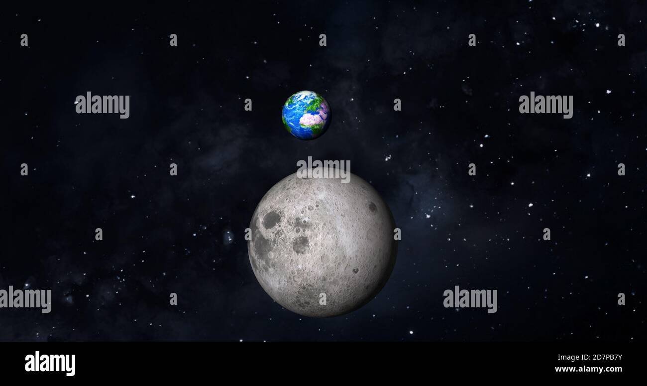 3d rendering foto realistica luna e terra con galassia colorata o nebulosa. vista frontale della luna e della terra dallo spazio con i paesaggi vista completa terra 4k Foto Stock