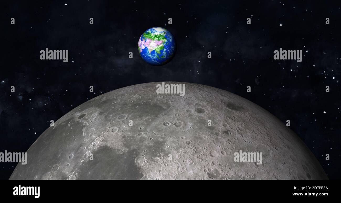 3d rendering foto realistica luna e terra con galassia colorata o nebulosa. vista frontale della luna e della terra dallo spazio con i paesaggi vista completa terra 4k Foto Stock