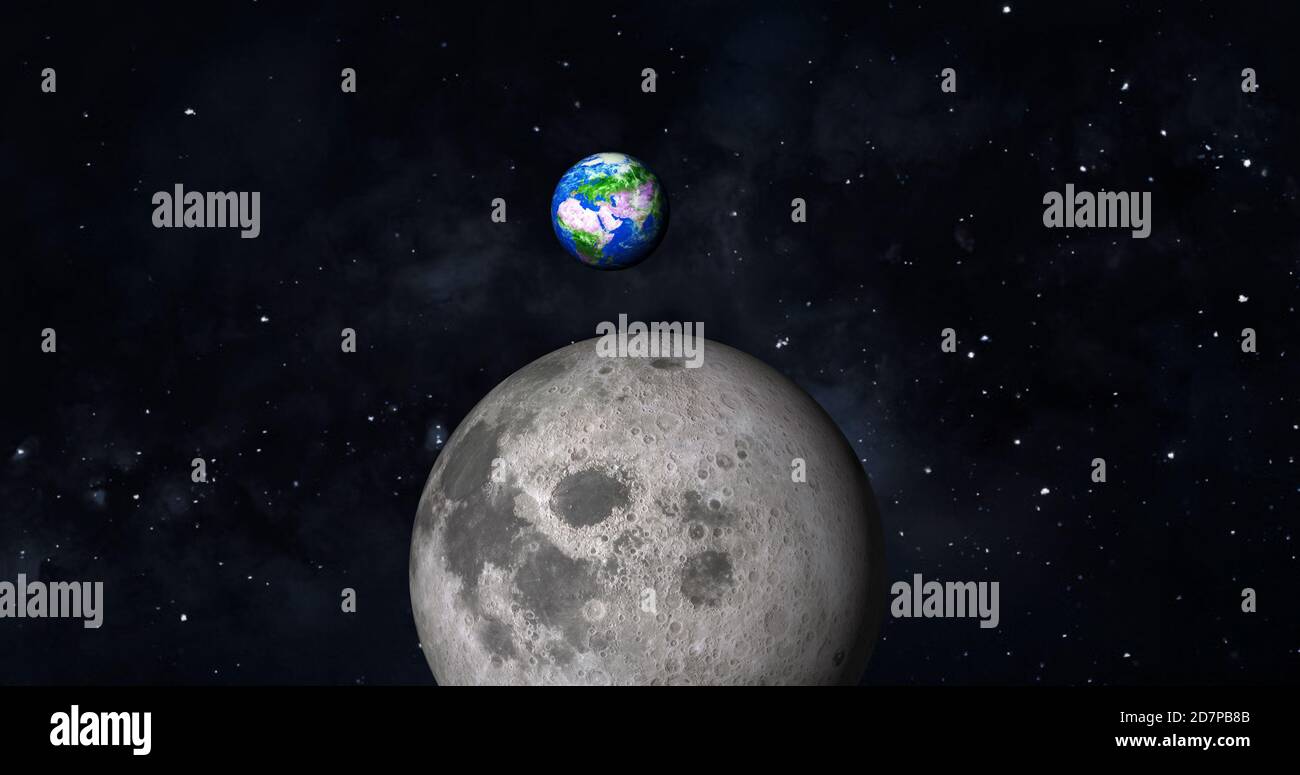 3d rendering foto realistica luna e terra con galassia colorata o nebulosa. vista frontale della luna e della terra dallo spazio con i paesaggi vista completa terra 4k Foto Stock