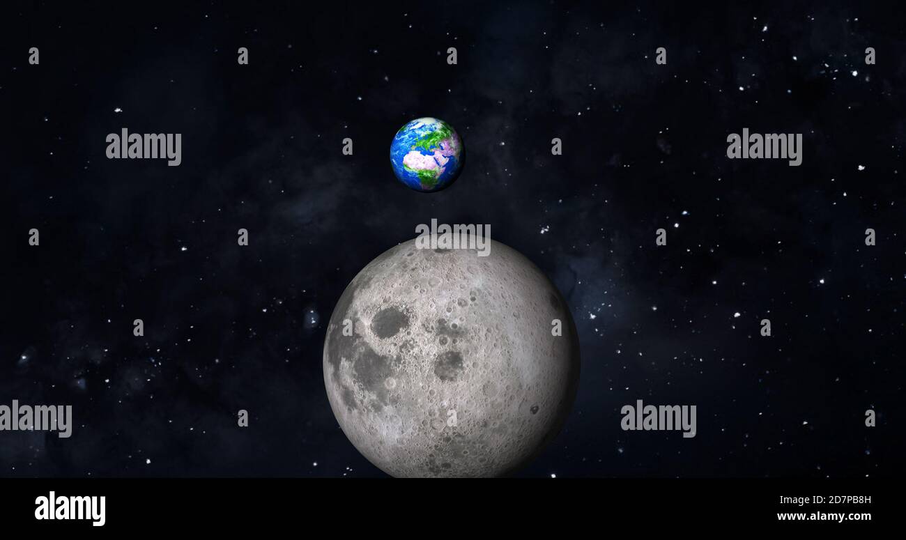 3d rendering foto realistica luna e terra con galassia colorata o nebulosa. vista frontale della luna e della terra dallo spazio con i paesaggi vista completa terra 4k Foto Stock