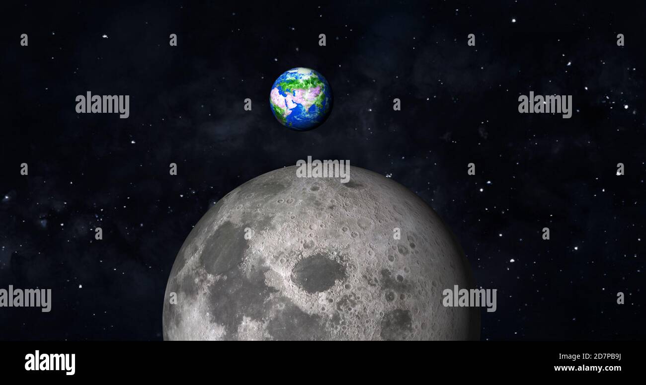 3d rendering foto realistica luna e terra con galassia colorata o nebulosa. vista frontale della luna e della terra dallo spazio con i paesaggi vista completa terra 4k Foto Stock
